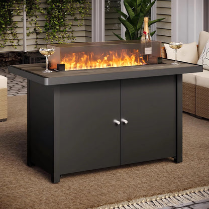 LAUSAINT HOME 43" Outdoor Fire Pit Table , 55,000 BTU Patio Propane Fire Pit with Wood Grain Tabletop & Wind Guard, Black
