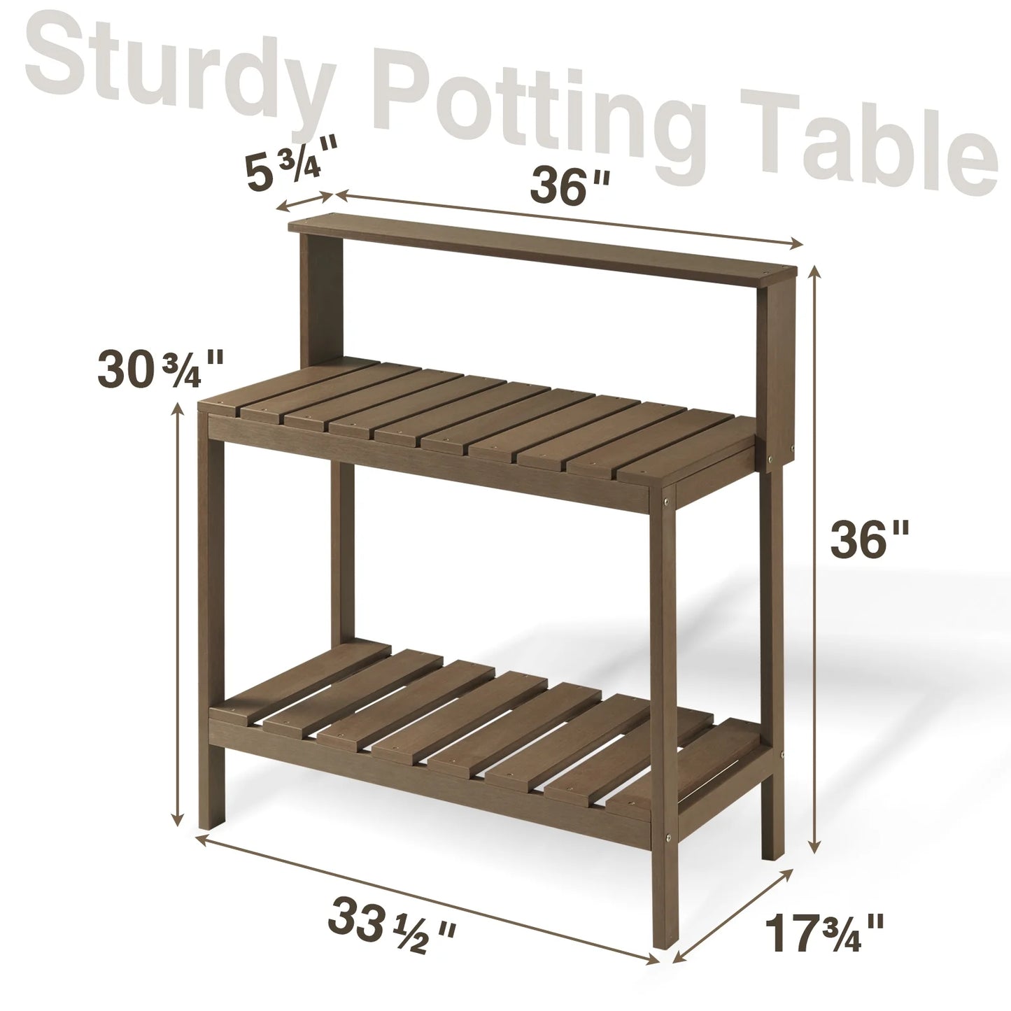 GONICHA Outdoor Poly Lumber Potting Bench, Polystyrene Garden Table with Storage Shelves, All-Weather Patio Work Station for Gardening,Brown