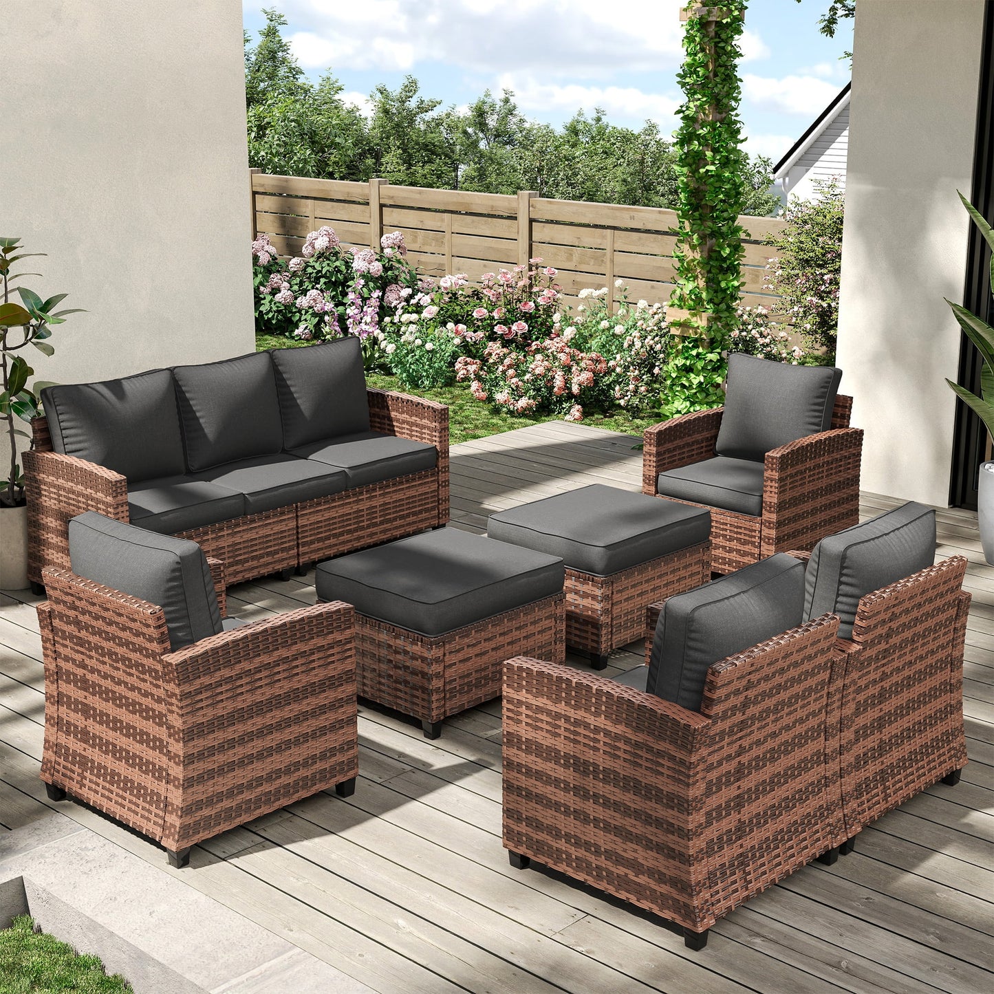 POTEBAN Patio Furniture Set, 7 Pieces Outdoor Sectional Sofa Couch with Chairs, Ottomans and Comfy Cushions, All Weather Wicker Rattan Patio Conversation Set for Garden Backyard Dark Grey