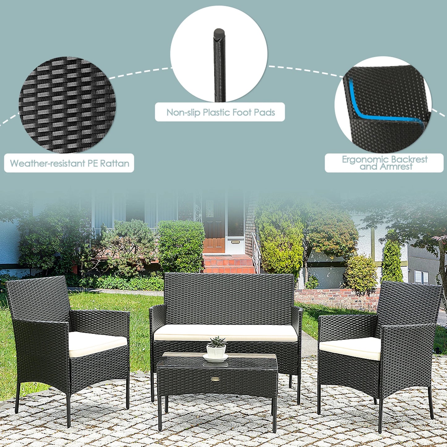 Gymax 4PCS Patio Rattan Conversation Set Outdoor Furniture Set w/Cushion