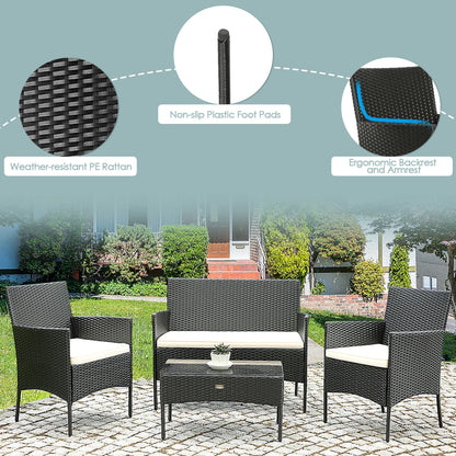 Gymax 4PCS Patio Rattan Conversation Set Outdoor Furniture Set w/Cushion