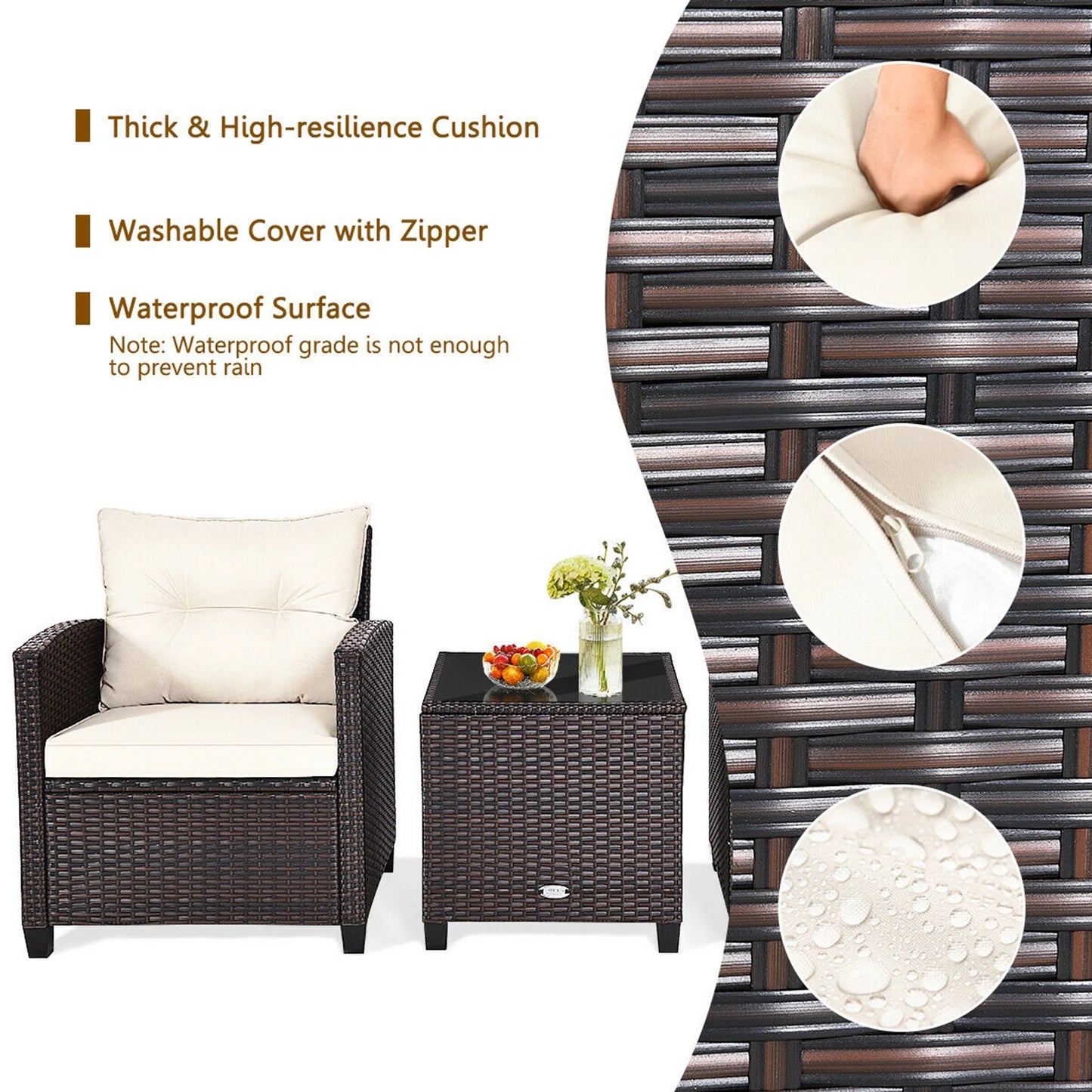 Gymax 3PCS Outdoor Patio Rattan Conversation Set Garden Yard w/Off White Cushions