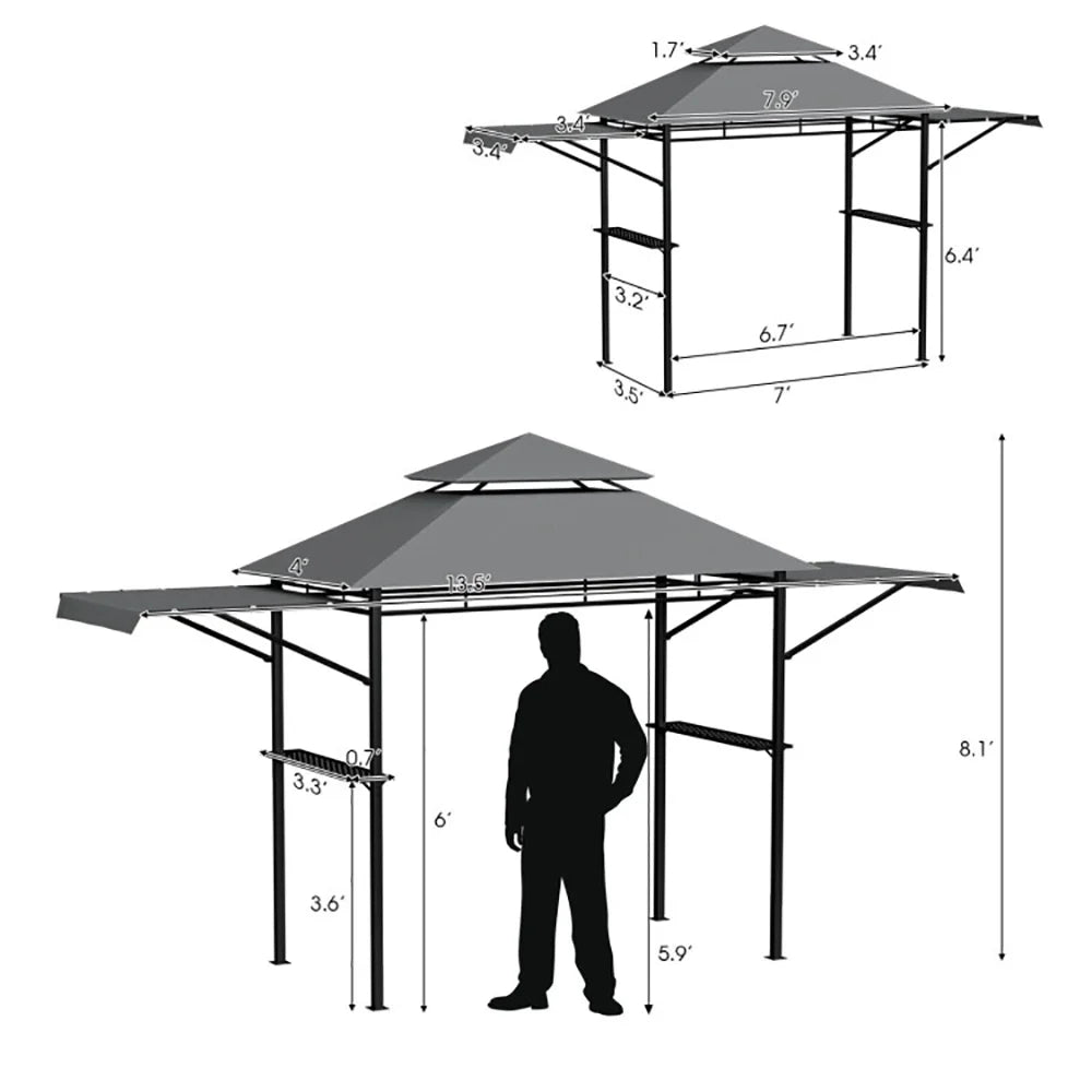 GVN 13.5 x 4 Feet Patio BBQ Grill Canopy Canopy with Dual Side Awnings-Gray, Outdoor Patio Canopy with Hardtop Roof for Garden, Backyard and Deck