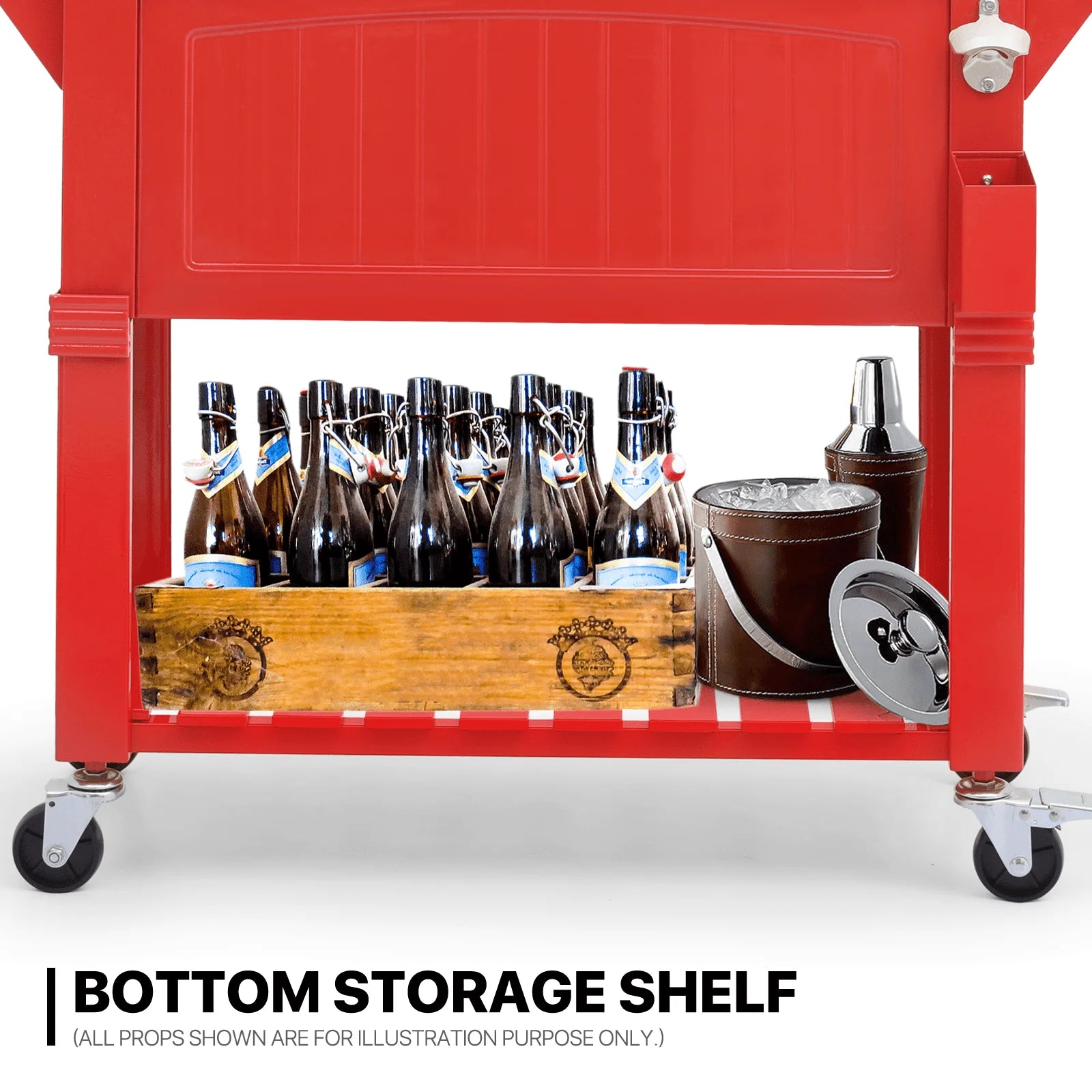 MADOG Portable Rolling Patio Cooler Ice Chest with Wheels Outdoor Cold Drink Beverage Bar Cart with Ice Scoop, Storage Shelf & Bottle Opener Deck Backyard Party Tub Trolley Cart, Red