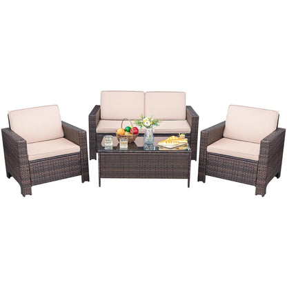 Lacoo 4 Pieces Patio Furniture Sets Rattan Chair Wicker Conversation Sofa Set Outdoor Backyard Porch Garden Poolside Balcony Use Furniture, Beige