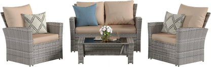 Poteban Wicker Patio Furniture Set, 4 Piece Outdoor Sectional Conversation Sets, Gray PE Rattan Patio Sofa Set for Balcony, Porch, Backyard, Grey