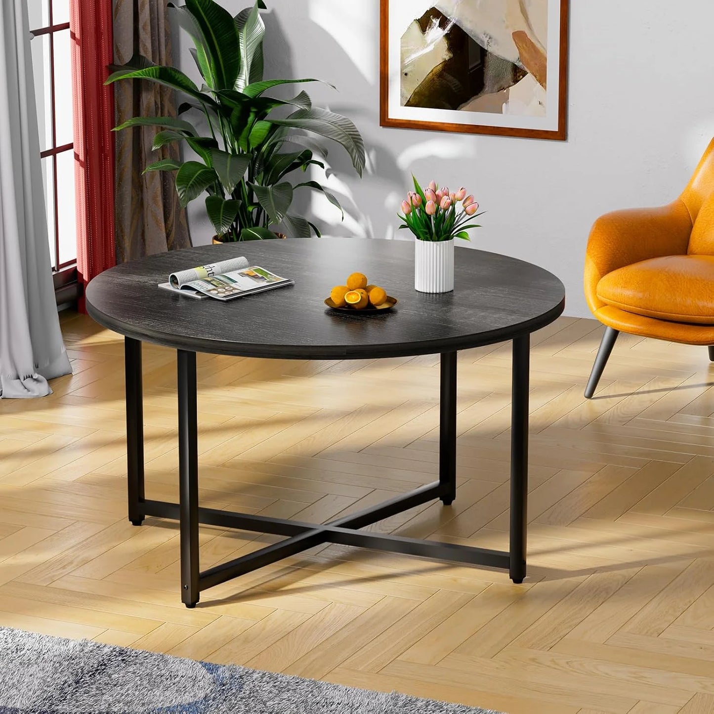 Round Coffee Table, 31.5" Circle Coffee TableRoma Round Coffee Tables Living Room, Large Coffee Table Round for Indoor & Outdoor Use, Office, Patio or Garden, Large Gray(31.5" D x 17.7" H)