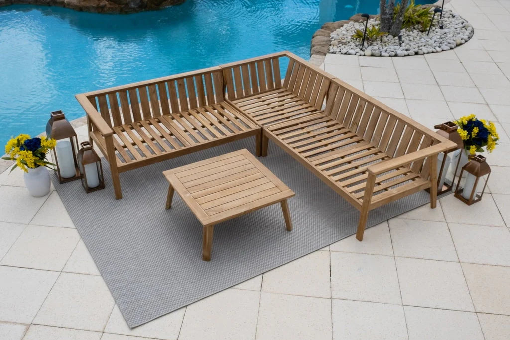Laguna 4-Piece Eucalyptus Wood Outdoor Patio Conversation Sectional Set w/3-Piece Sectional and Coffee Table