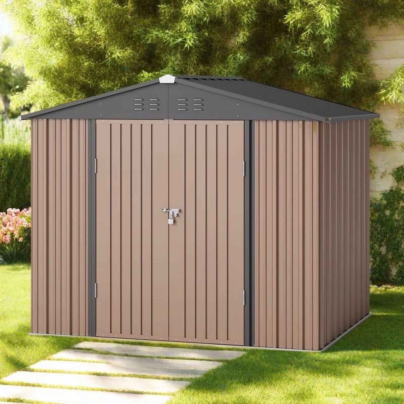 Asofer Outdoor Storage Shed 8 x 6 FT, Galvanized Metal Garden Shed with Double Lockable Doors for Backyard Patio Lawn-Green