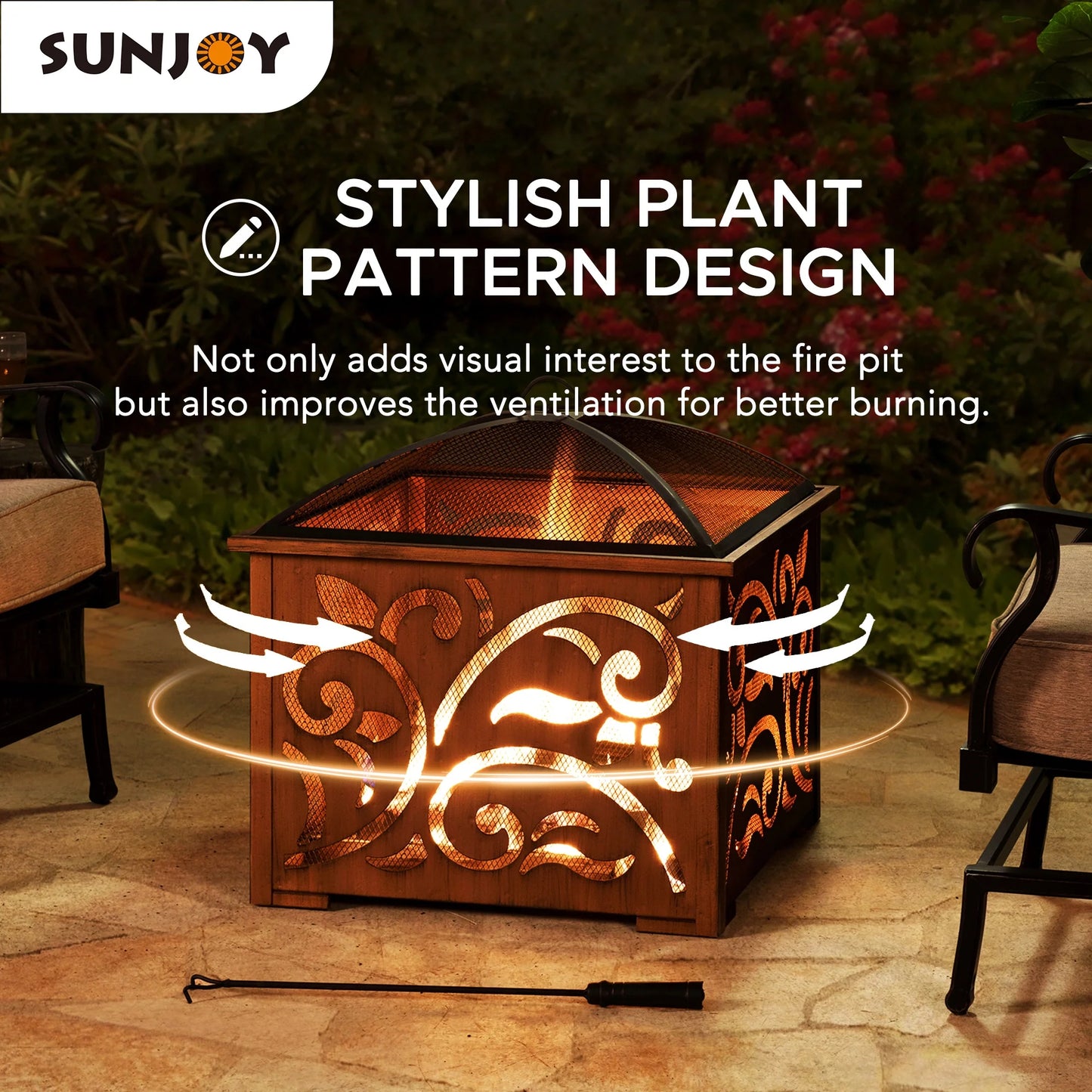 Sunjoy 26 Inch Fire Pit for Outside, Outdoor Wood Burning Firepit with Steel Mesh Spark Screen and Fire Poker, Large Bonfire for Patio and Backyard