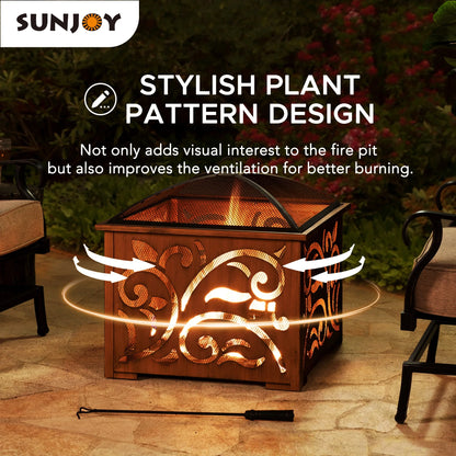 Sunjoy 26 Inch Fire Pit for Outside, Outdoor Wood Burning Firepit with Steel Mesh Spark Screen and Fire Poker, Large Bonfire for Patio and Backyard