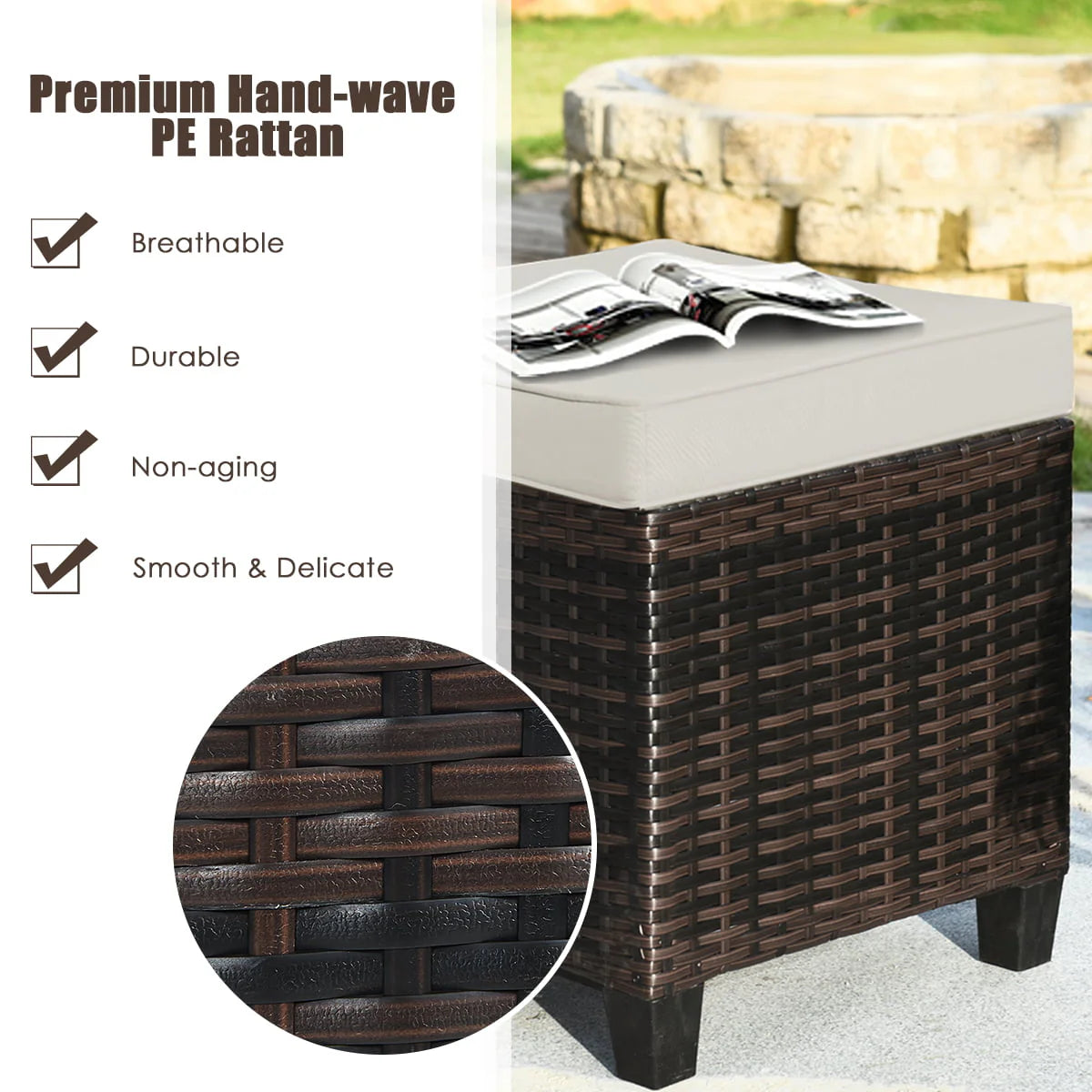 Gymax Set of 2 Patio Rattan Ottoman Footrest Garden Outdoor w/Brown Cushion