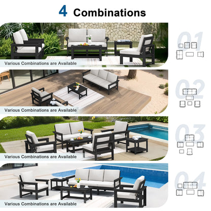 SERWALL Outdoor Patio Furniture Set, 7-Piece HDPE Outdoor Sofa Set Patio Conversation Set, Black Frame with Beige Cushions