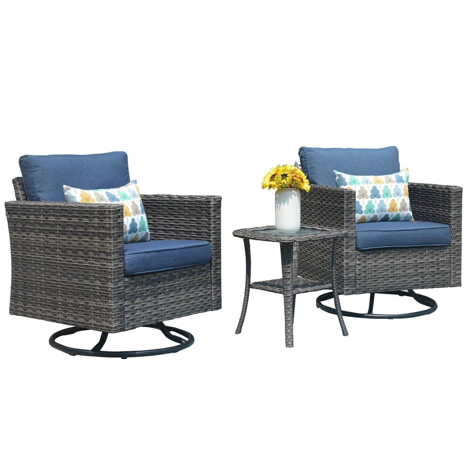 Ovios 3 Pieces Outdoor Furniture with 360° Swivel Rocker Chair Wicker Patio Bistro Set with Side Table