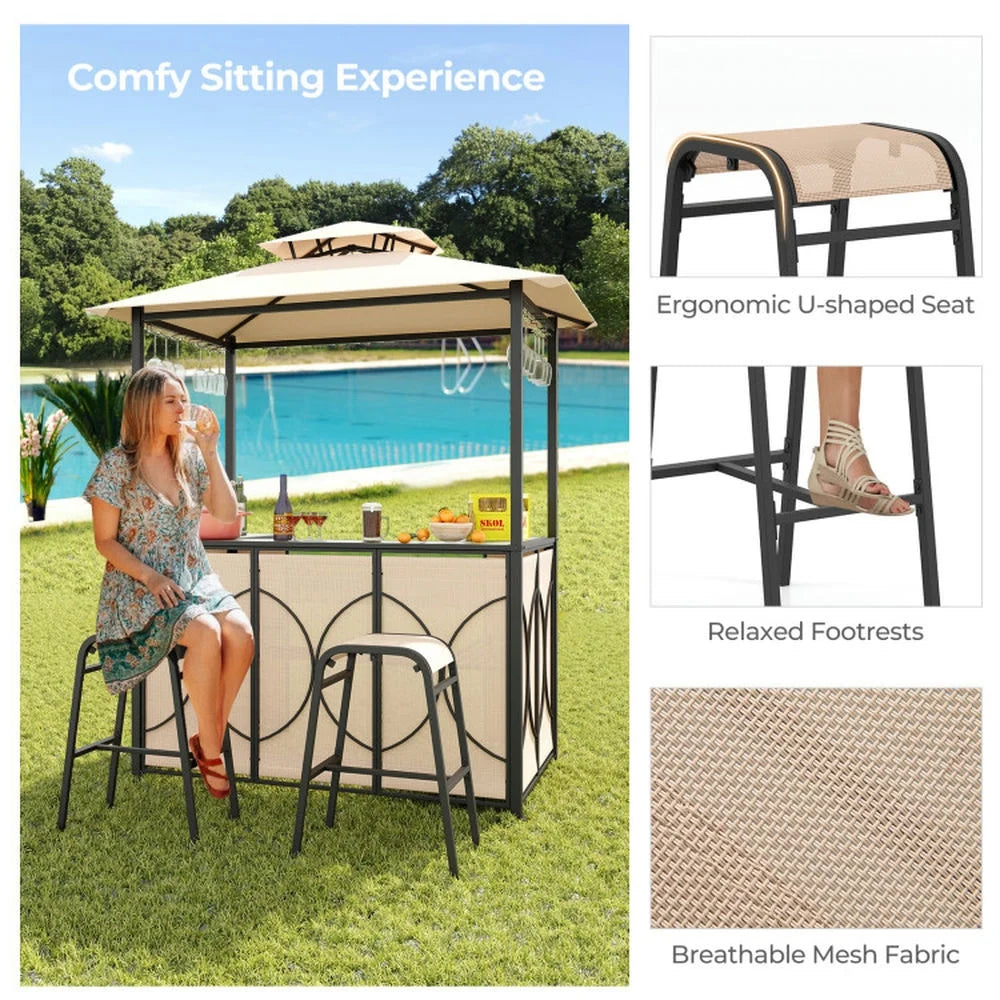 Spaco 3-Piece Patio Bar Set with A Heat-Resistant Tempered Glass Top, Grill Gazebo & 2 Bar Stools with Tempered Glass Bar Table, Bar Set for Outdoor, Brown
