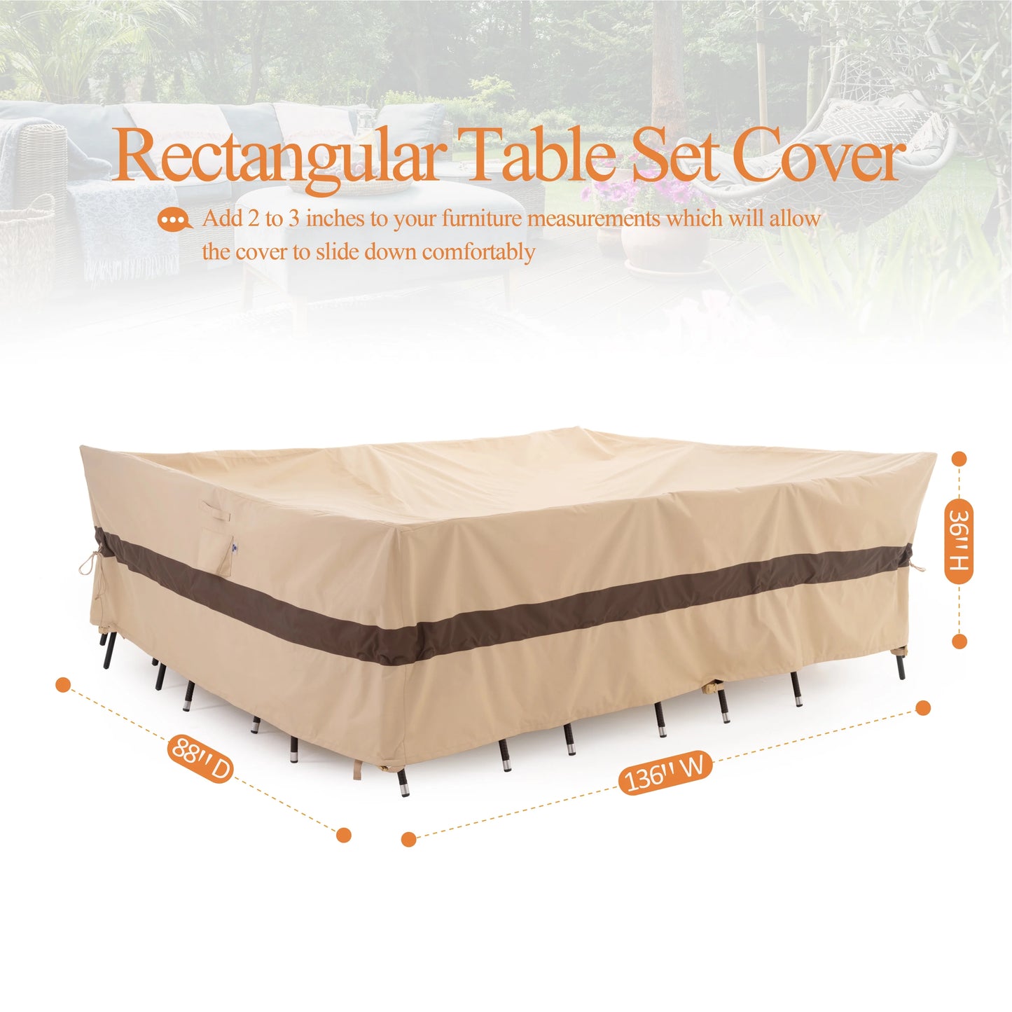 WJ-X3 X Large Waterproof Patio Outdoor Rectangular Table Cover, 136" W x 88" D x 36" H