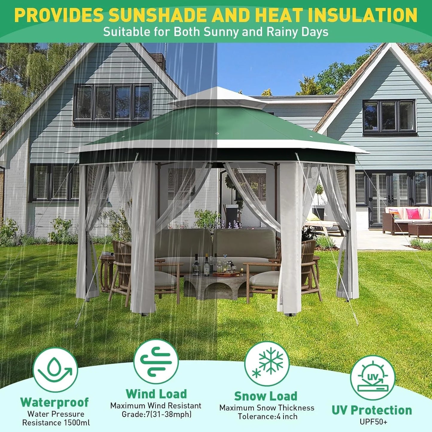 13x13 Gazebo Outdoor Canopy Shelter,Instant Patio Gazebo Sun Shade Canopy Tent with 6 Zippered Mesh Netting and Strong Steel Frame for Lawn,Garden,Backyard,Deck Party