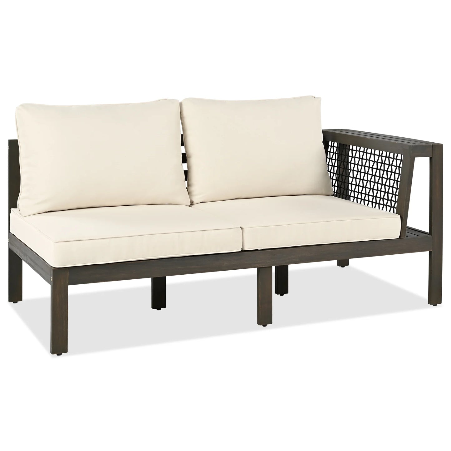 Harper & Bright Designs Patio L-Shaped Conversation Sectional Sofa Set with Coffee Table, Outdoor Acacia Wood Seating Group with Side Table for Backyard Garden, Beige, Grayish Brown