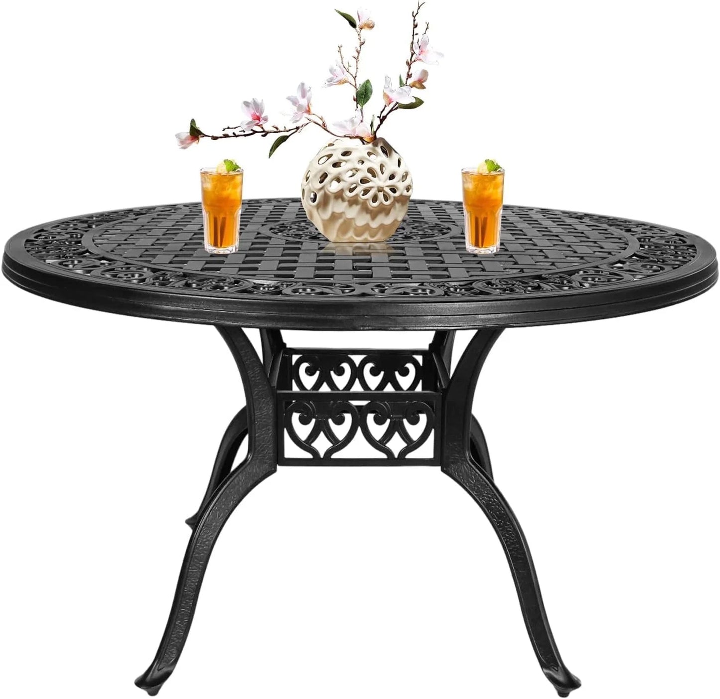 48 Inch Outdoor Dining Table Round Patio Bistro Table Powder-Coated Cast Aluminum Frame Patio Dining Table Garden Table with Umbrella Hole (Black)