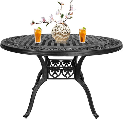 48 Inch Outdoor Dining Table Round Patio Bistro Table Powder-Coated Cast Aluminum Frame Patio Dining Table Garden Table with Umbrella Hole (Black)