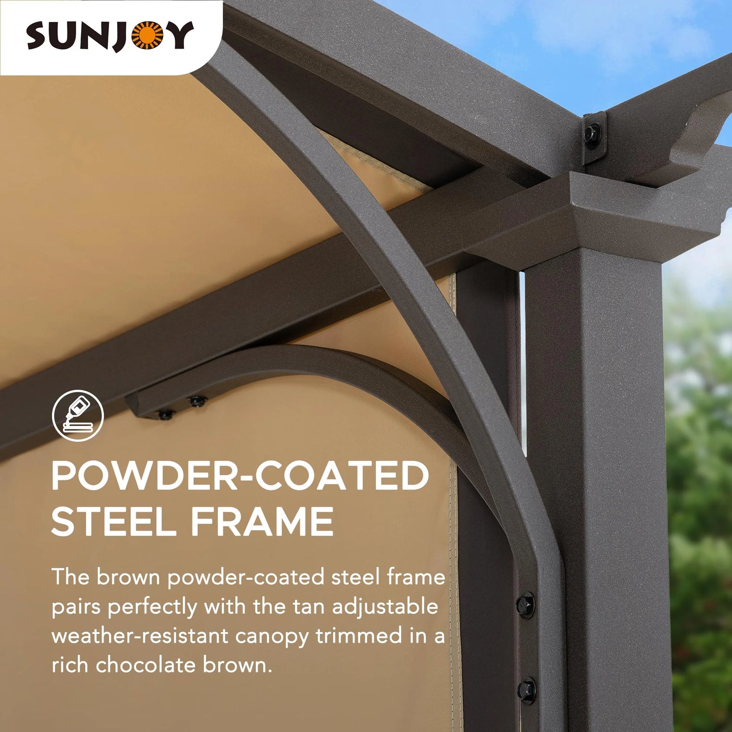 Sunjoy Lindt 9.5 x 11 ft. Outdoor Steel Arched Pergola with Adjustable Canopy for Patio, Backyard, and Garden, Tan & Brown