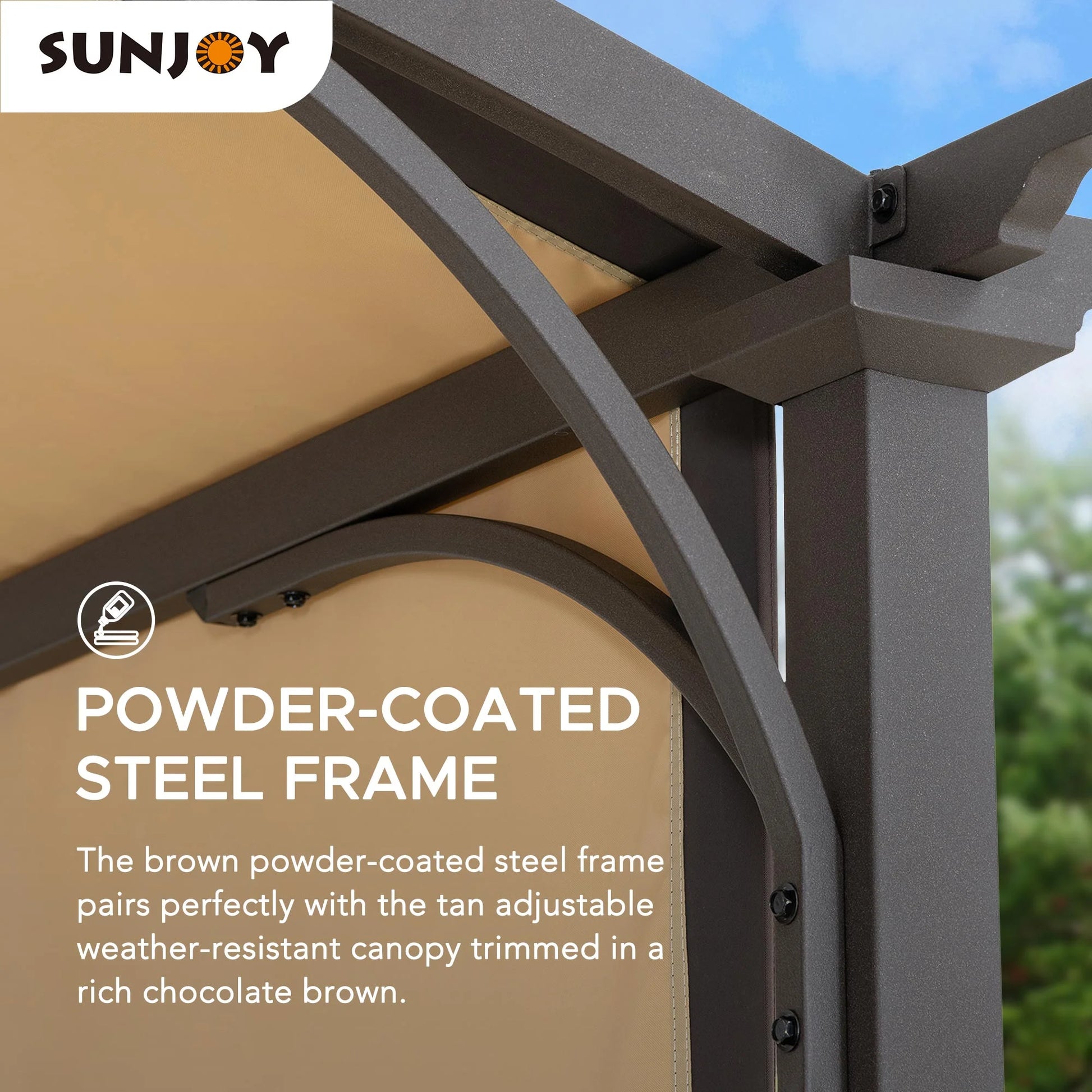 Sunjoy Lindt 9.5 x 11 ft. Outdoor Steel Arched Pergola with Adjustable Canopy for Patio, Backyard, and Garden, Tan & Brown