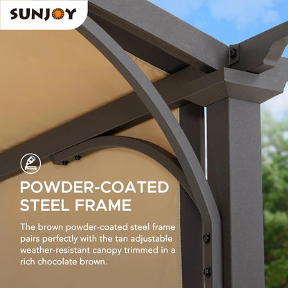 Sunjoy Lindt 9.5 x 11 ft. Outdoor Steel Arched Pergola with Adjustable Canopy for Patio, Backyard, and Garden, Tan & Brown