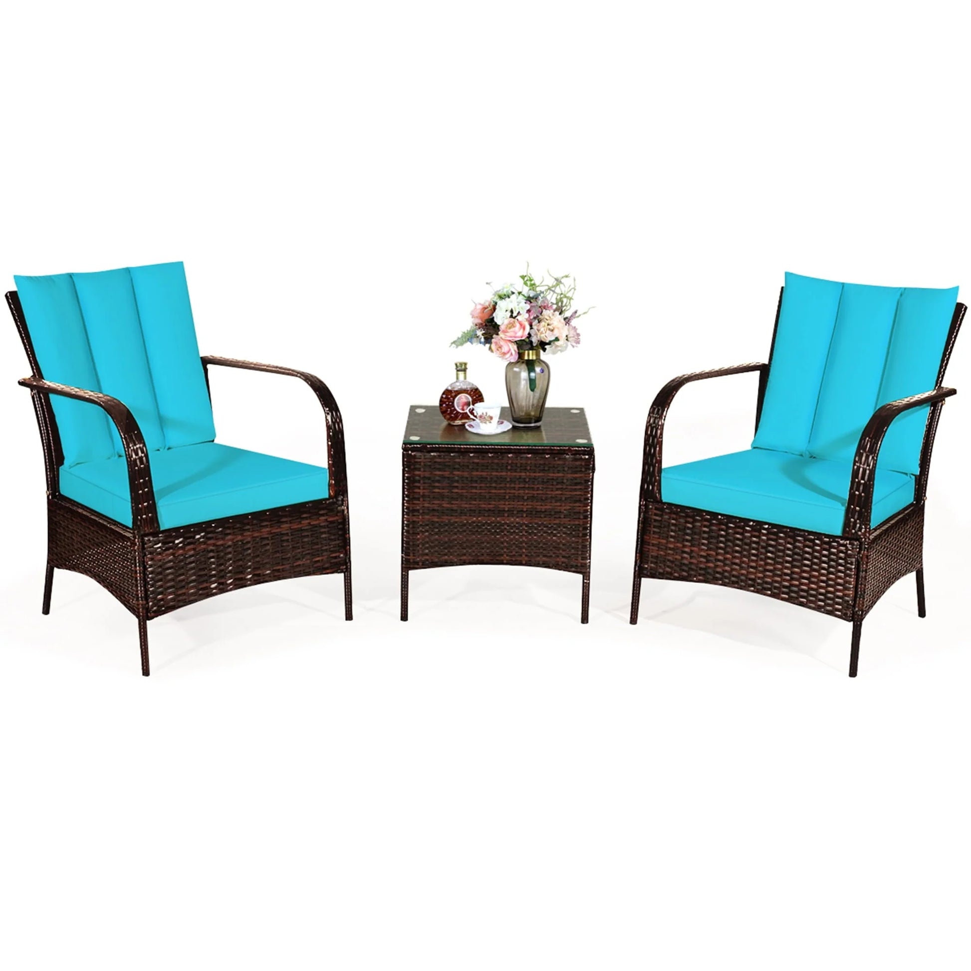 Gymax 3PCS Patio Rattan Conversation Set Outdoor Furniture Set w/Turquoise Cushion