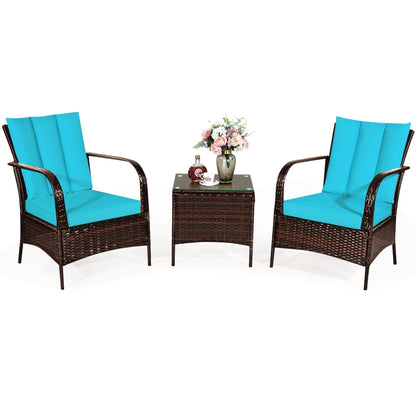 Gymax 3PCS Patio Rattan Conversation Set Outdoor Furniture Set w/Turquoise Cushion