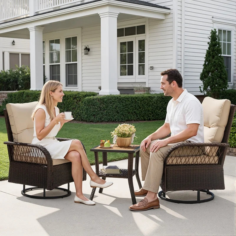 Lacoo 3 Piece Outdoor Bistro Set Patio 360° Swivel Rocking Chairs & Table All-Weather Rattan High Back Conversation Set for Backyard Porches Garden