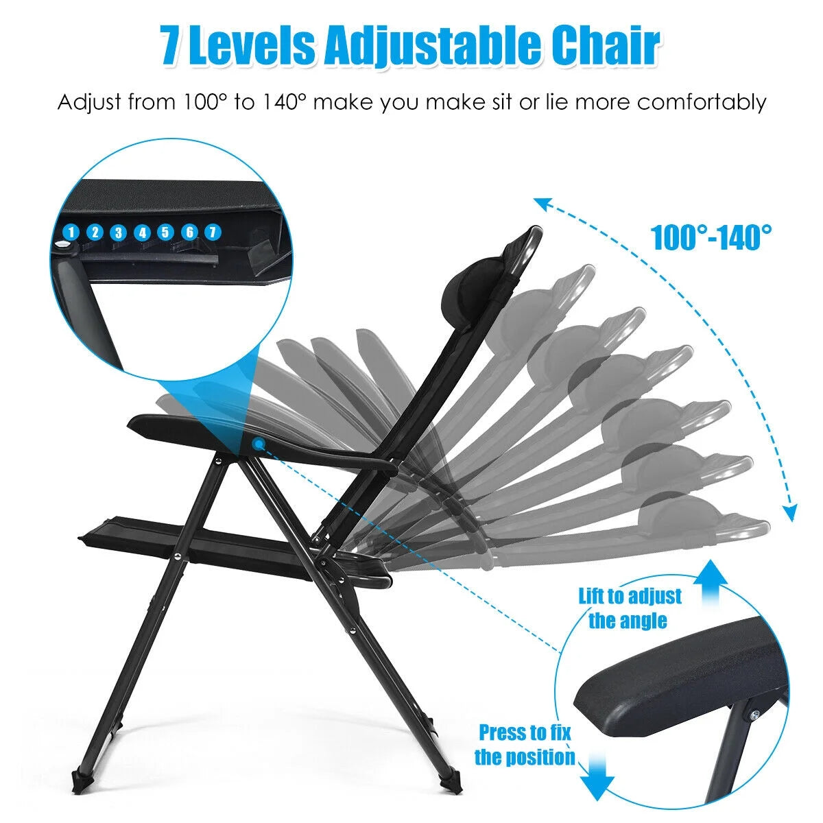 Gymax 2PC Folding Chairs Adjustable Reclining Chairs with Headrest Patio Garden Black