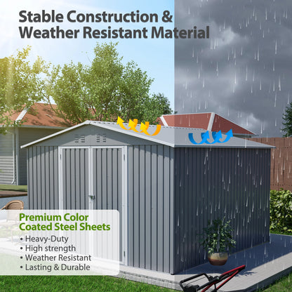 LZBEITEM 10 x 10 ft Outdoor Storage Shed with Floor Frame Kit, Galvanized Steel Garden Sheds, Garden Tool Shed with Double Lockable Doors for Backyard Patio Lawn, Grey