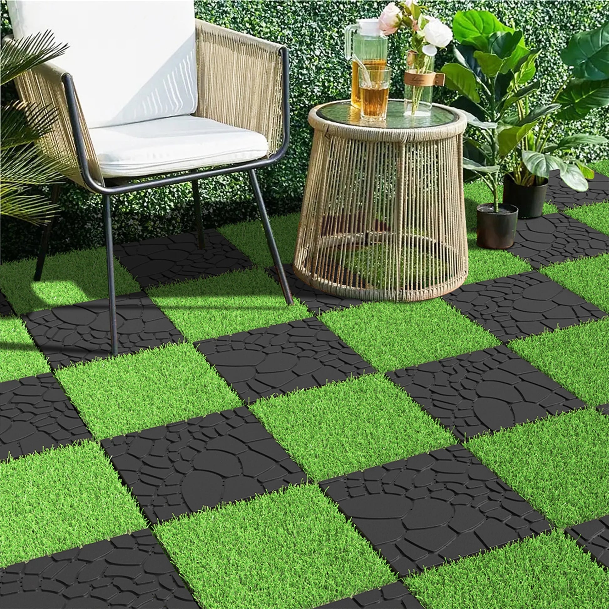 Miniyam 44 Pcs 12"x12" Interlocking Deck Tiles, Rubber Flooring, Patio Decking, Poolside, Dark Gray+Stone Texture