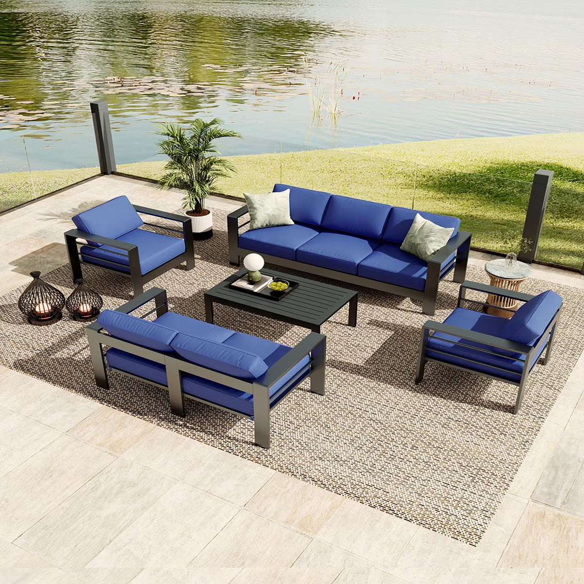 Ataucjin 5 Pieces Aluminum Patio Furniture Set, Outdoor Sectional Conversation Set Sectional Sofa with 4" Armrest & 5" Thick Cushions & Coffee Tableship in 4 boxes