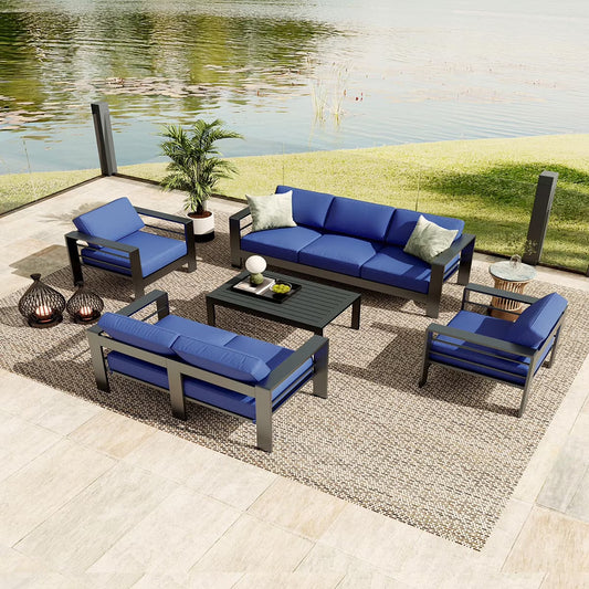 Ataucjin 5 Pieces Aluminum Patio Furniture Set, Outdoor Sectional Conversation Set Sectional Sofa with 4" Armrest & 5" Thick Cushions & Coffee Tableship in 4 boxes