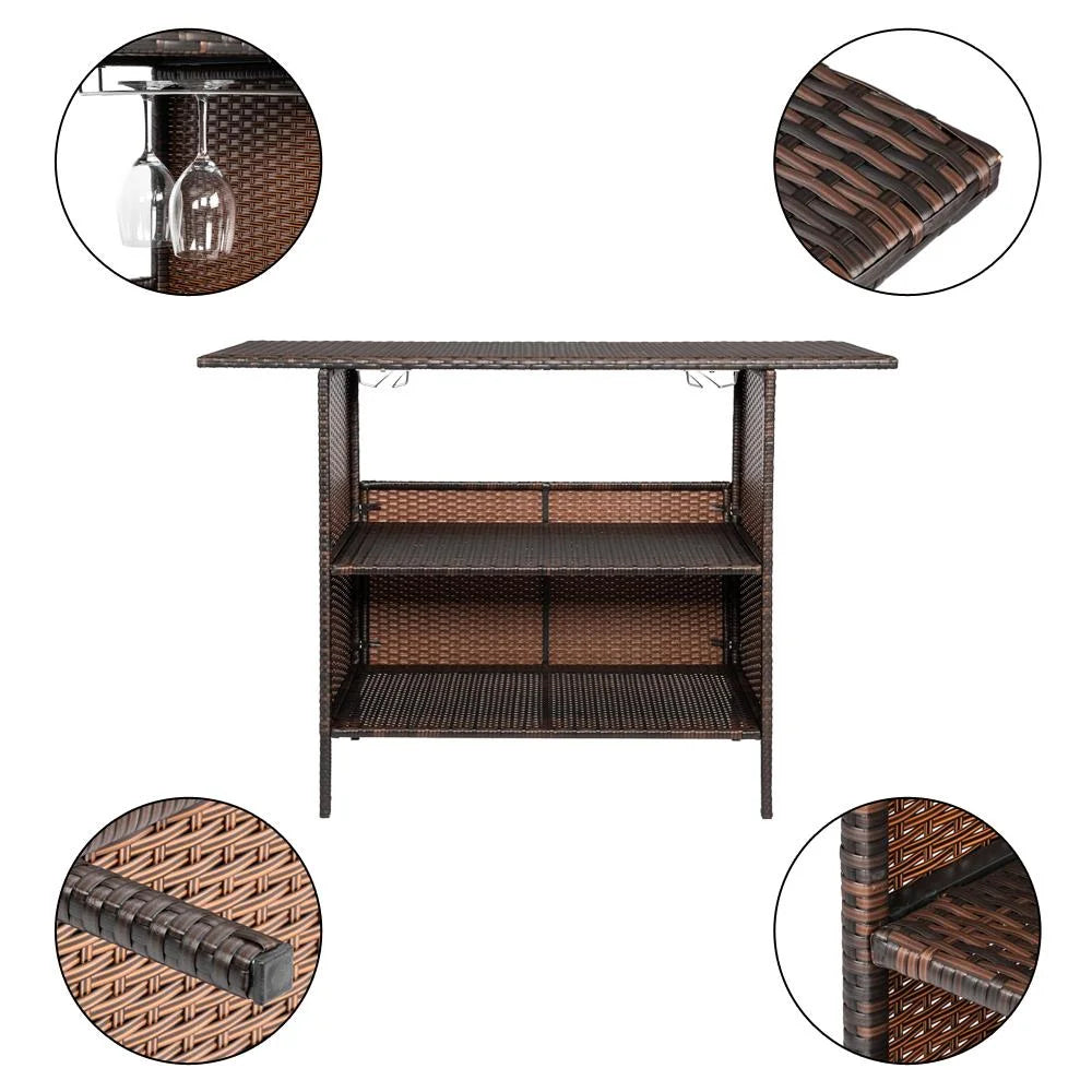 Zimtown Outdoor Wicker Bar Table with 2 Steel Shelves Brown, Patio Bar Table for Storage Function with 2 Tiers