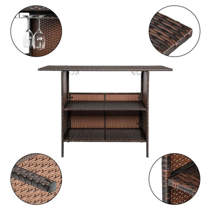 Zimtown Outdoor Wicker Bar Table with 2 Steel Shelves Brown, Patio Bar Table for Storage Function with 2 Tiers
