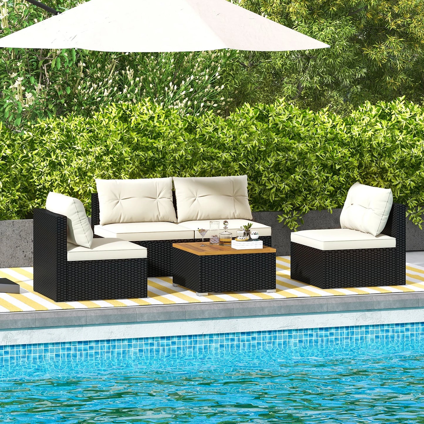Gymax 5PCS Rattan Patio Conversation Sofa Set Outdoor Furniture Set w/Off White Cushions