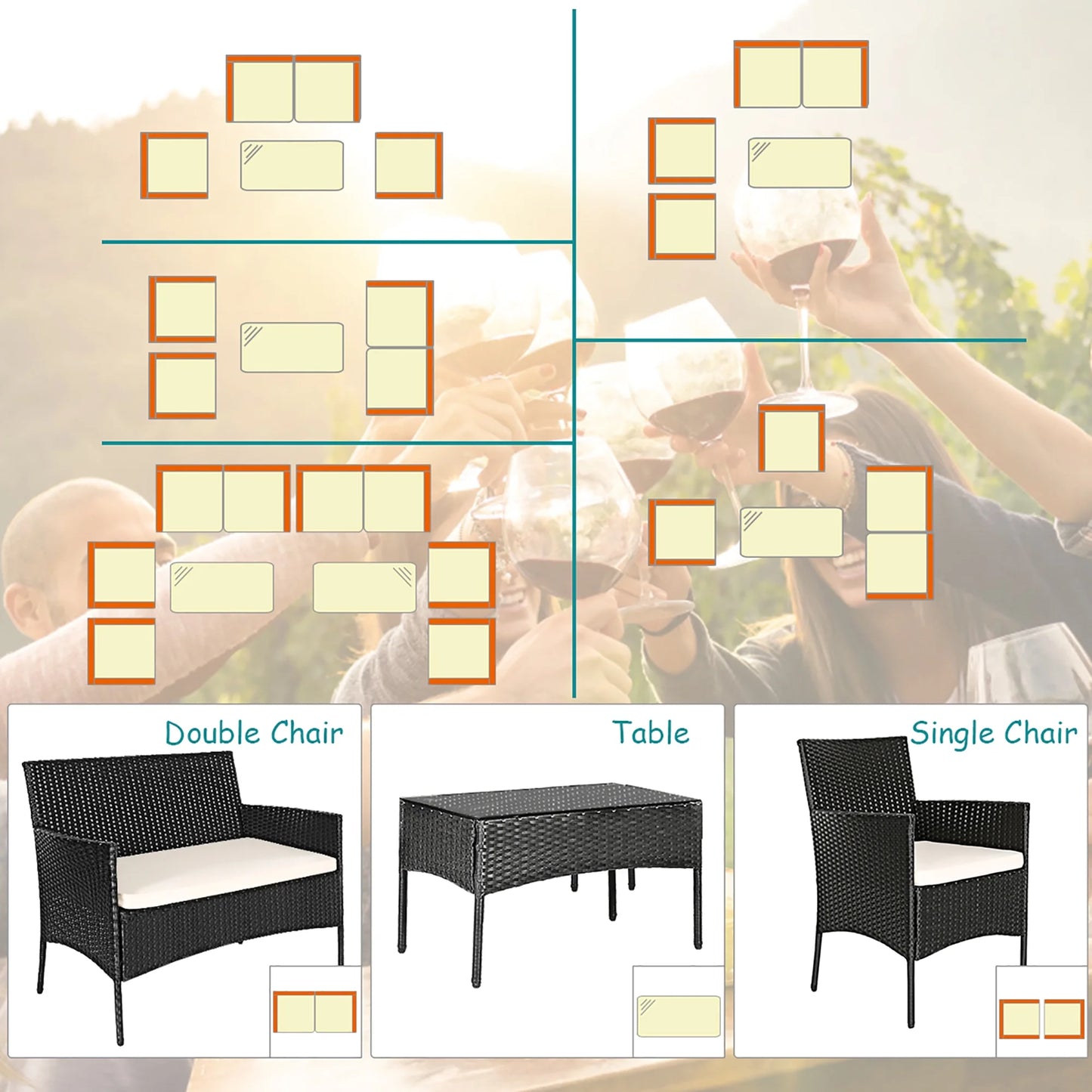 Costway 4PCS Patio Furniture Set Rattan Wicker Conversation Set Outdoor