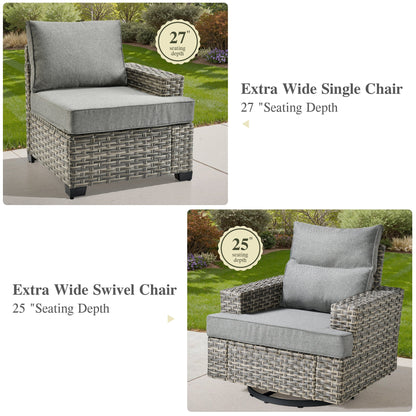 Ovios 10 Pieces Outdoor Patio Furniture Modern High-Back All-Weather Wicker Sectional Conversation Set with Propane Fire Pit Table & Swivel Chair, Dark Gray