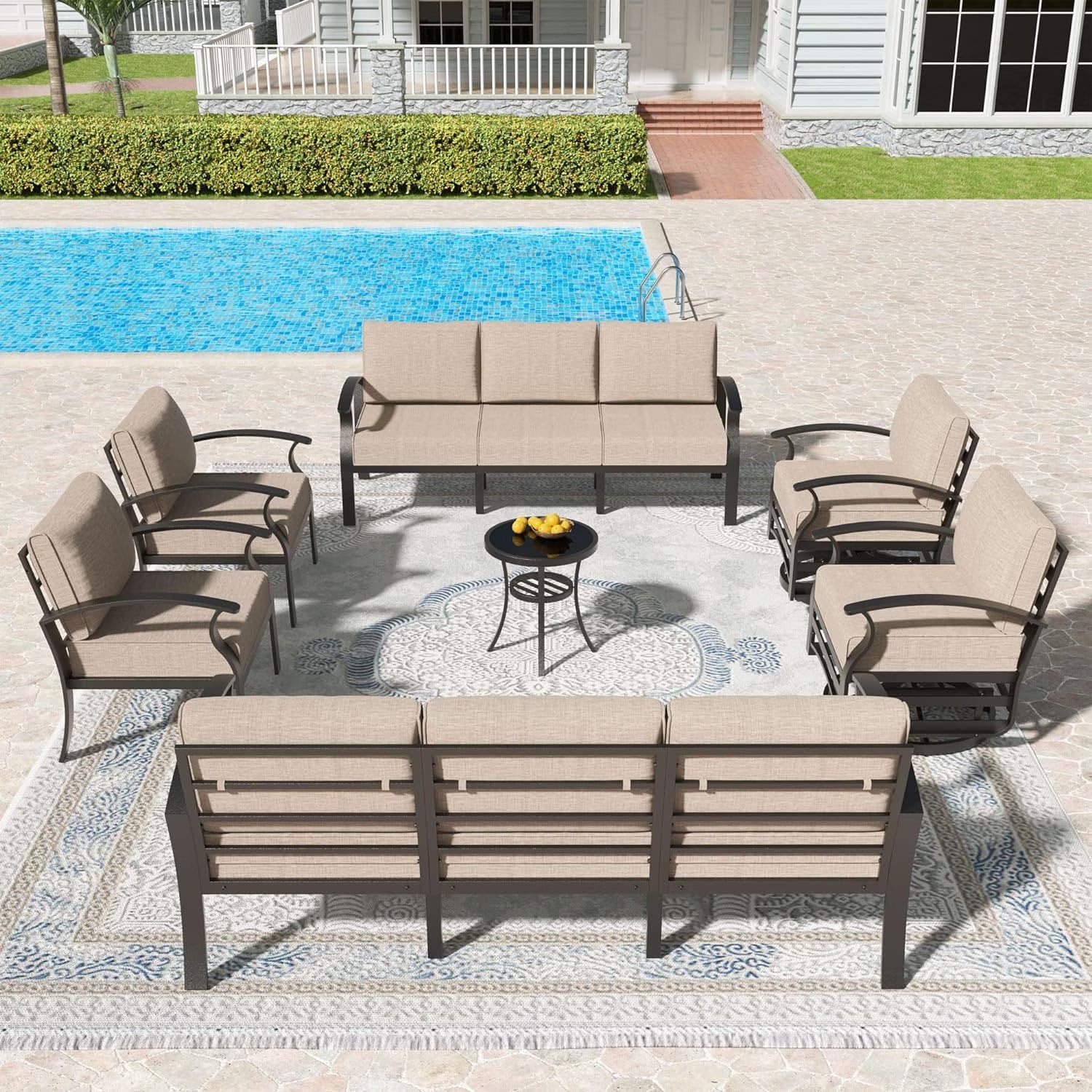 Gotland Aluminum Patio Furniture Set,7 Pieces 10 Seat Metal Outdoor Furniture Conversation Set w/Swivel Chairs,Navy Blue