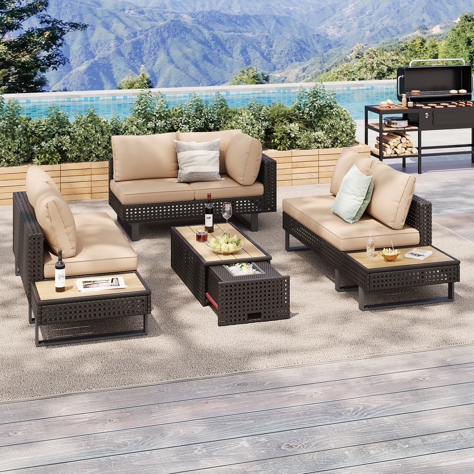 6-Piece Outdoor Sectional Furniture Set for Patio, Expandable Coffee Table w/Ice Bucket & Collapsible Seat, Deep Cushions - Khaki