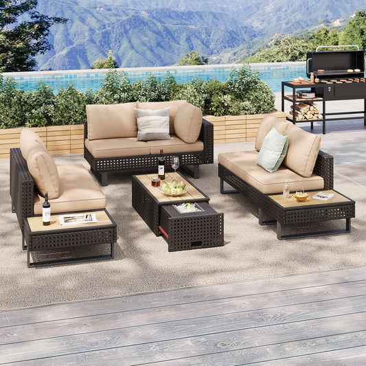 6-Piece Outdoor Sectional Furniture Set for Patio, Expandable Coffee Table w/Ice Bucket & Collapsible Seat, Deep Cushions - Khaki