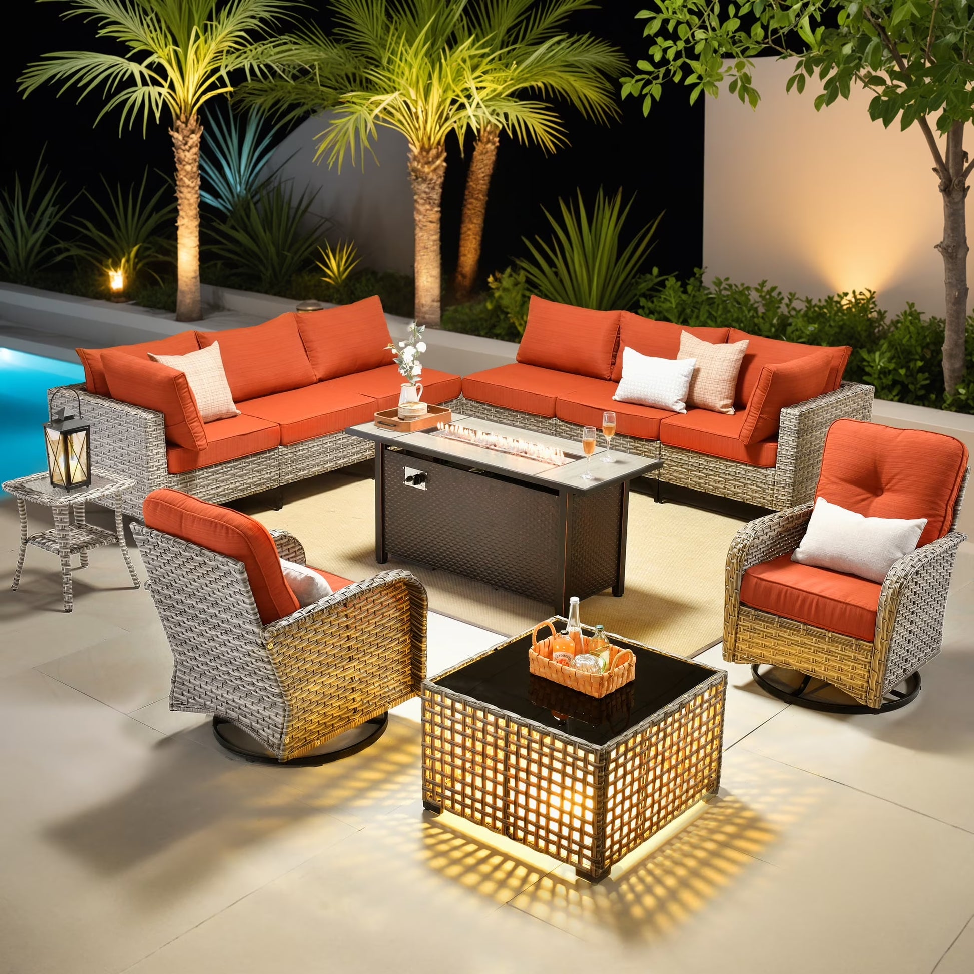 Ovios 11 Pieces Patio Outdoor Furniture Conversation Set with 54" Fire Pit Wicker Outdoor Sectional with Swivel Chair & Solar-Powered Table