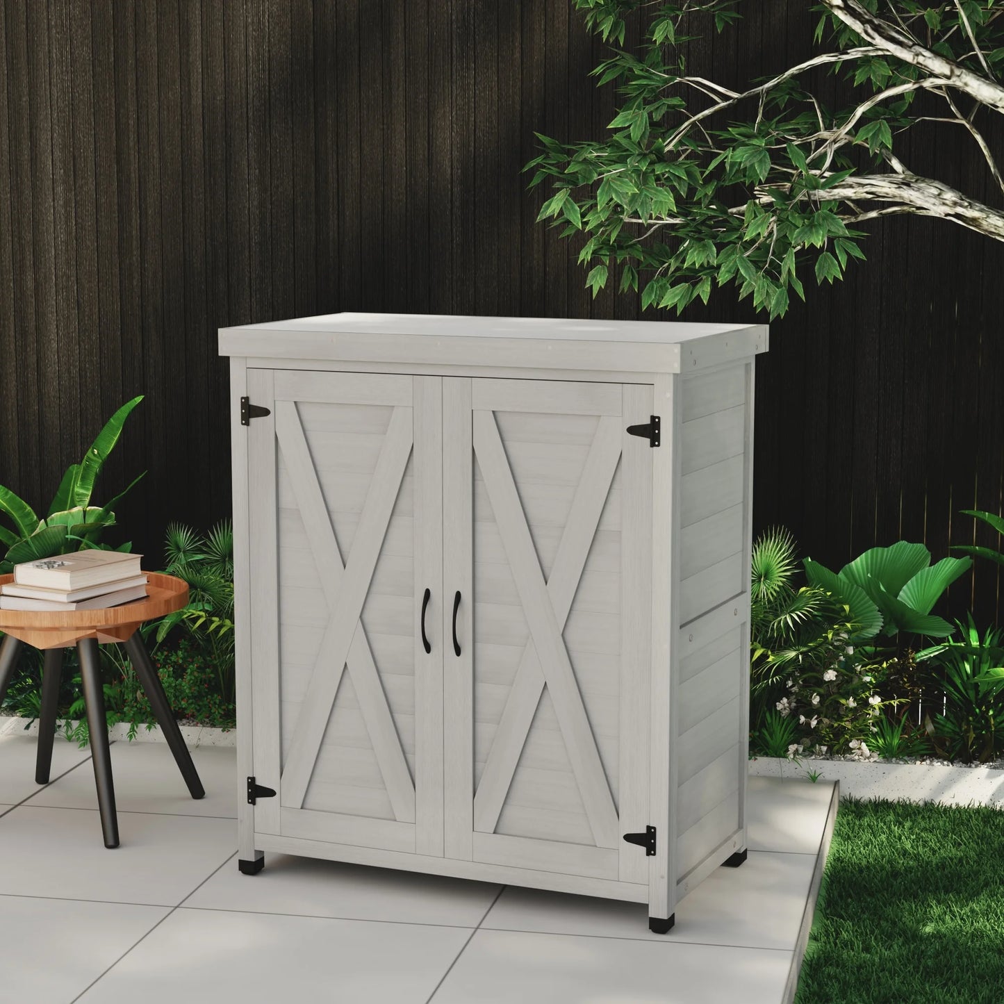Potting Bench with Storage Cabinet and Metal Table Top for Outdoor Patio,Outdoor Work Station TableGray