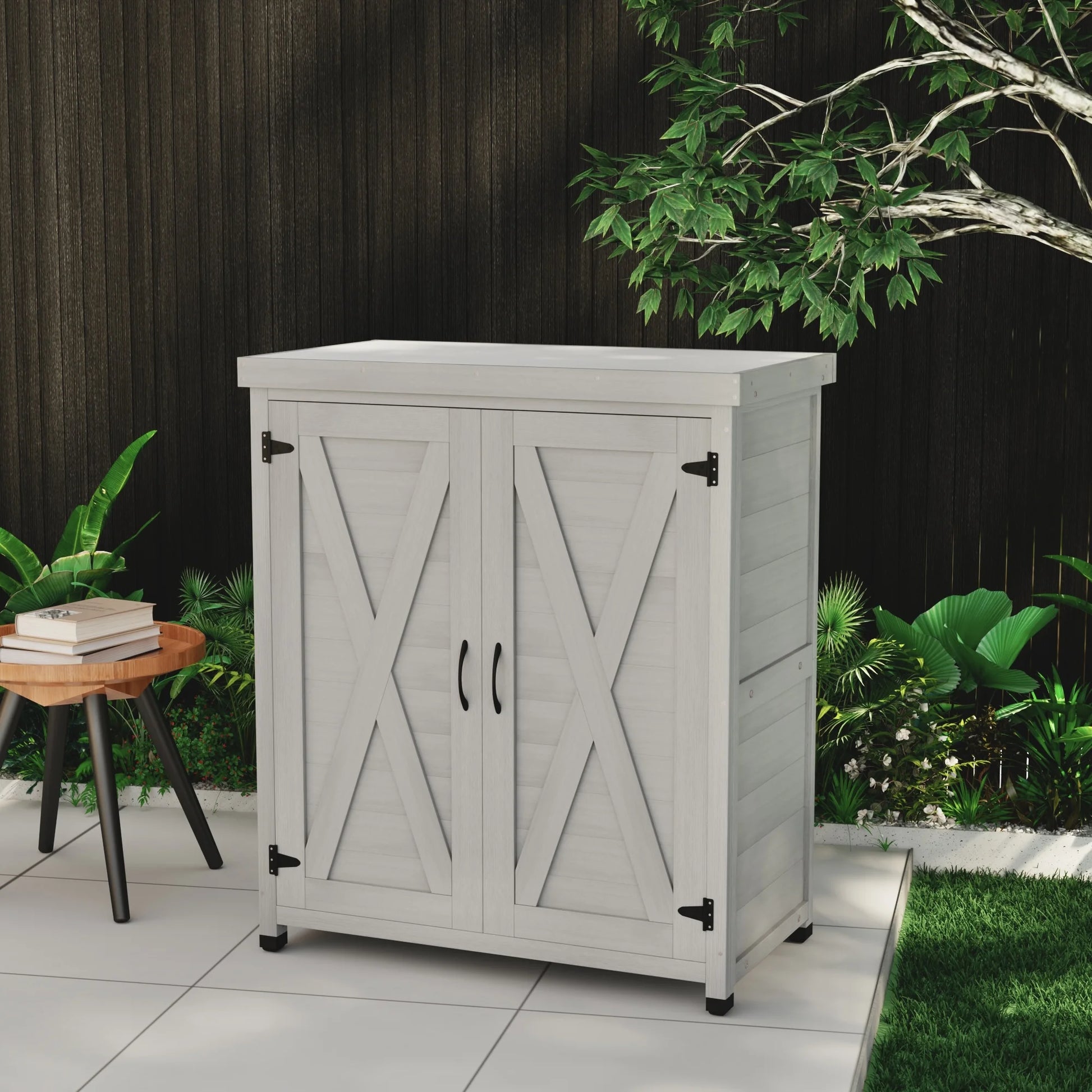 Potting Bench with Storage Cabinet and Metal Table Top for Outdoor Patio,Outdoor Work Station TableGray