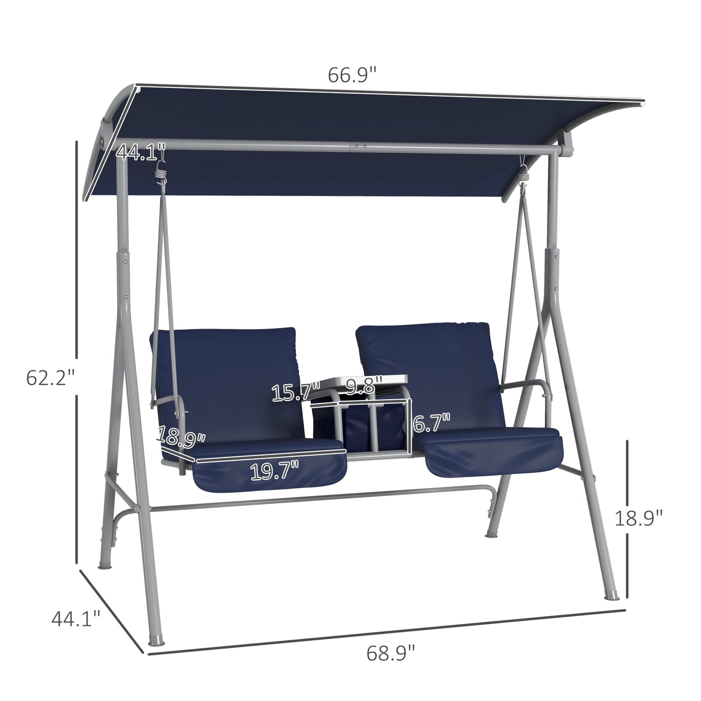 Outsunny 2 Person Porch Swing with Stand, Outdoor Swing with Canopy, Pivot Storage Table, 2 Cup Holders, Cushions for Patio, Backyard, Dark Blue