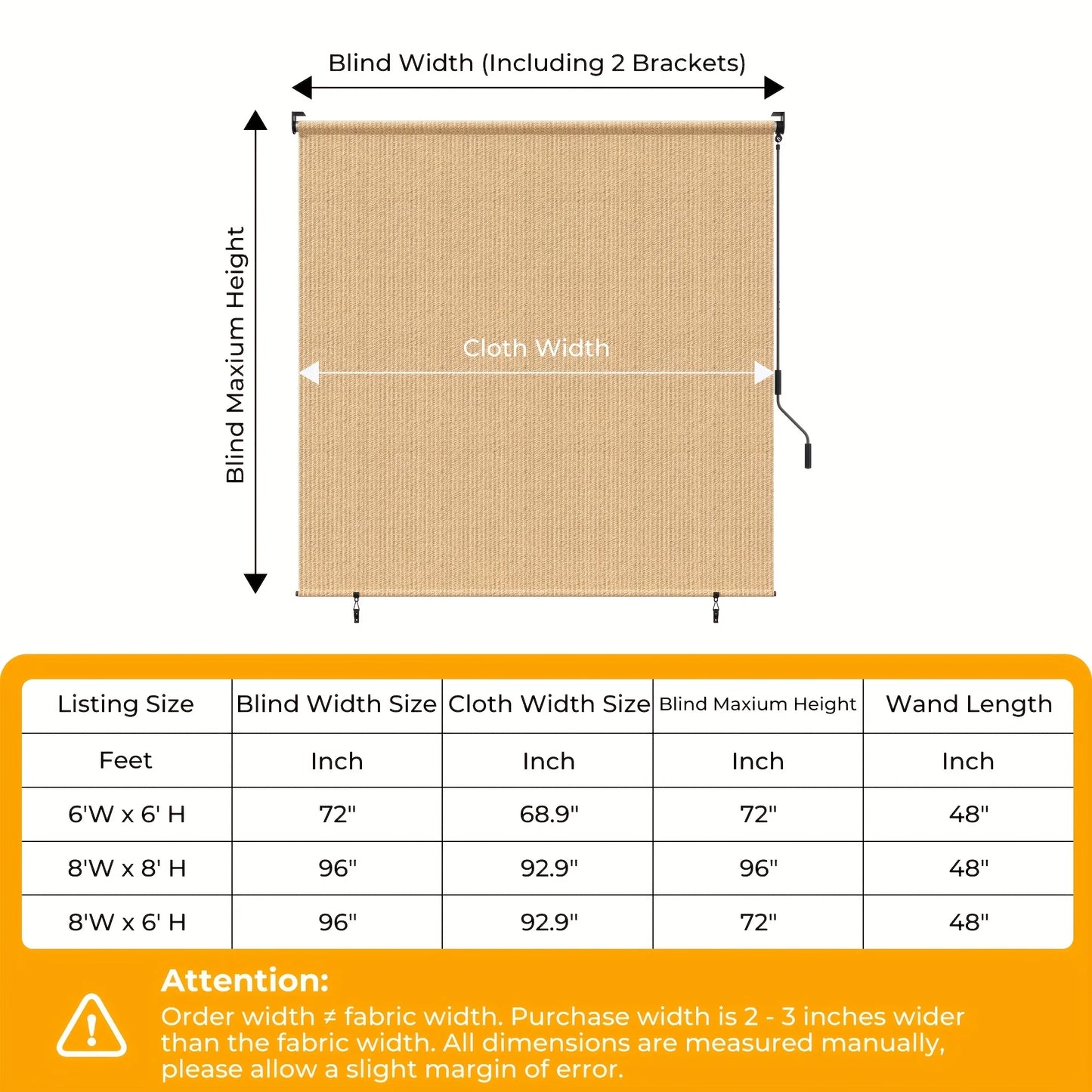 Outdoor Roller Shades - Waterproof Cordless Sun Shade for Patio, Porch & Pergola - 6'x6' & 8'x6' in Mocha/Khaki