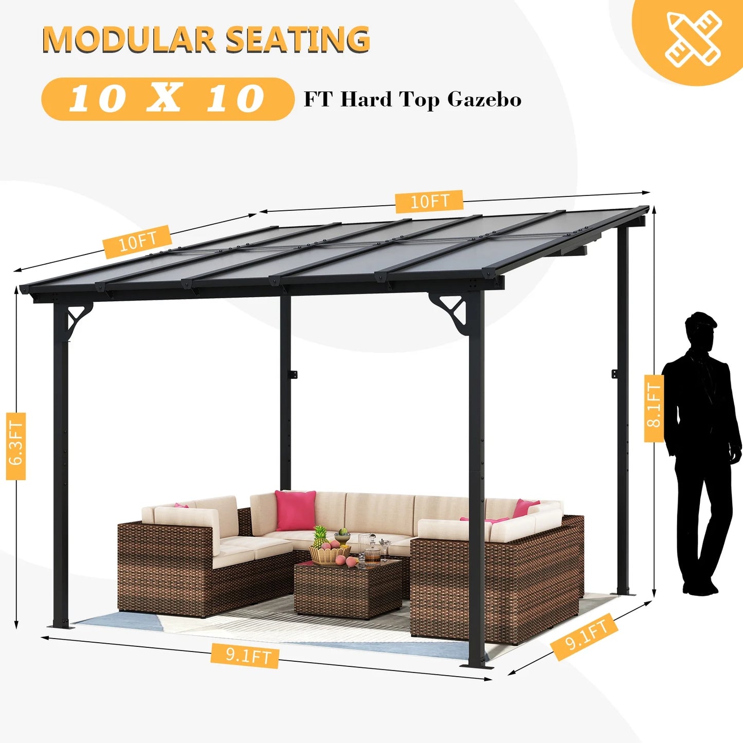 JolyDale 10?x 10? Hardtop Gazebo, Outdoor Wall-mounted Pergola for Garden, Patio, Backyard, Gray
