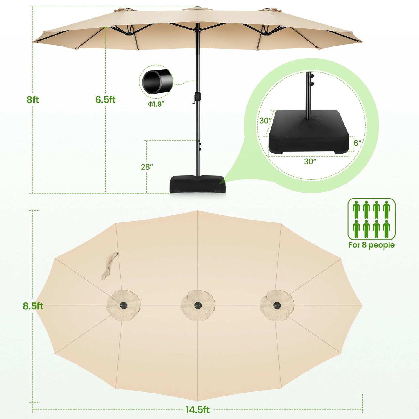 VIBESPARK 15ft Double-Sided Patio Umbrella with Base Extra Large Outdoor Table Umbrella Market Umbrella Beige